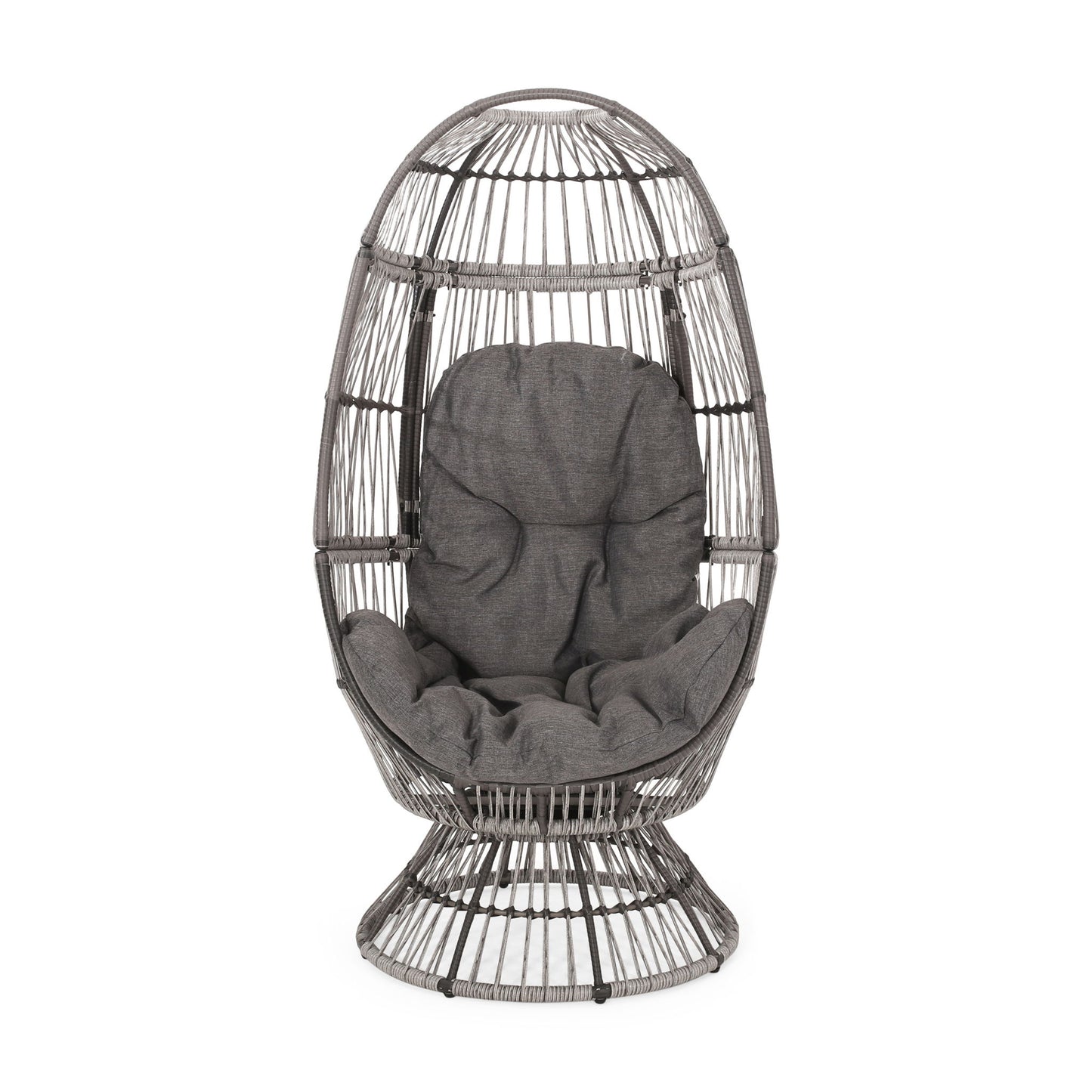 The Patio Swivel Basket Egg Chair With Cushion features a modern, open-frame rattan design with an egg shape and includes a plush gray cushion for comfortable seating and back support.
