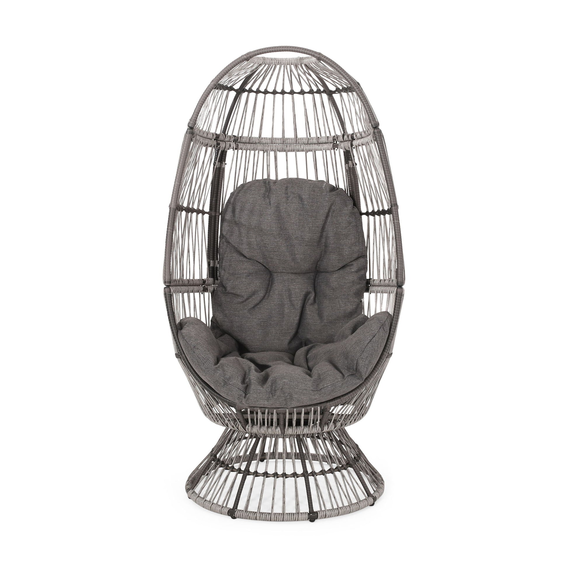 The Patio Swivel Basket Egg Chair With Cushion features a modern, open-frame rattan design with an egg shape and includes a plush gray cushion for comfortable seating and back support.