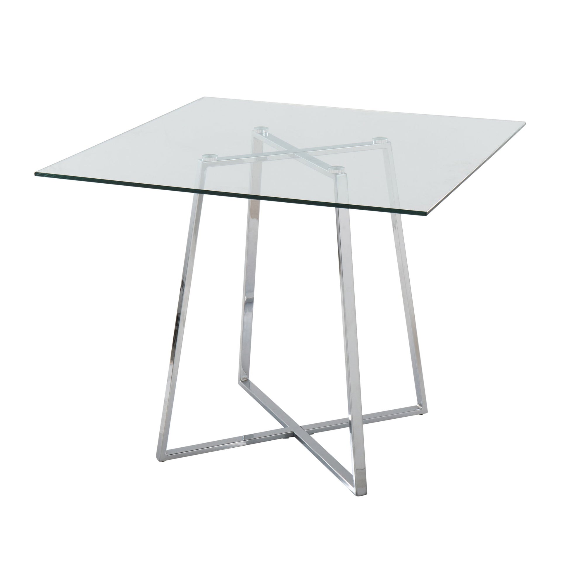 The Cosmo Contemporary Square Dining Table features a clear glass top and geometric chrome metal legs with an intersecting design.