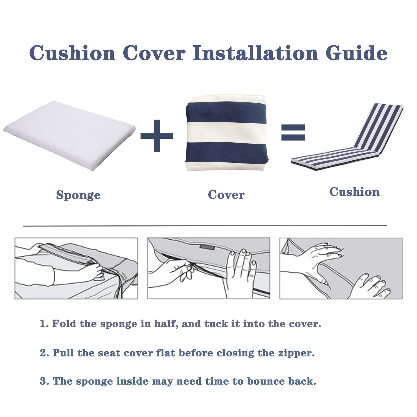 Image shows how to install the Outdoor Lounge Chair Cushion Replacement: Fold the sponge, insert it into the striped cover, and zip. Step-by-step illustrations and instructions are provided below.