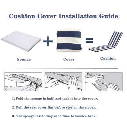 Image shows how to install the Outdoor Lounge Chair Cushion Replacement: Fold the sponge, insert it into the striped cover, and zip. Step-by-step illustrations and instructions are provided below.