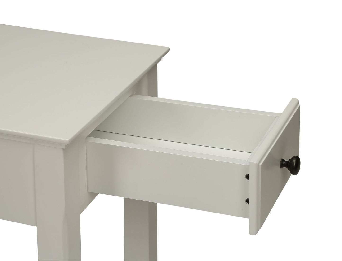 A close-up of the Bertie Accent Table in white shows its single drawer partially open, revealing the interior. The drawer features a round black knob against a plain white background.