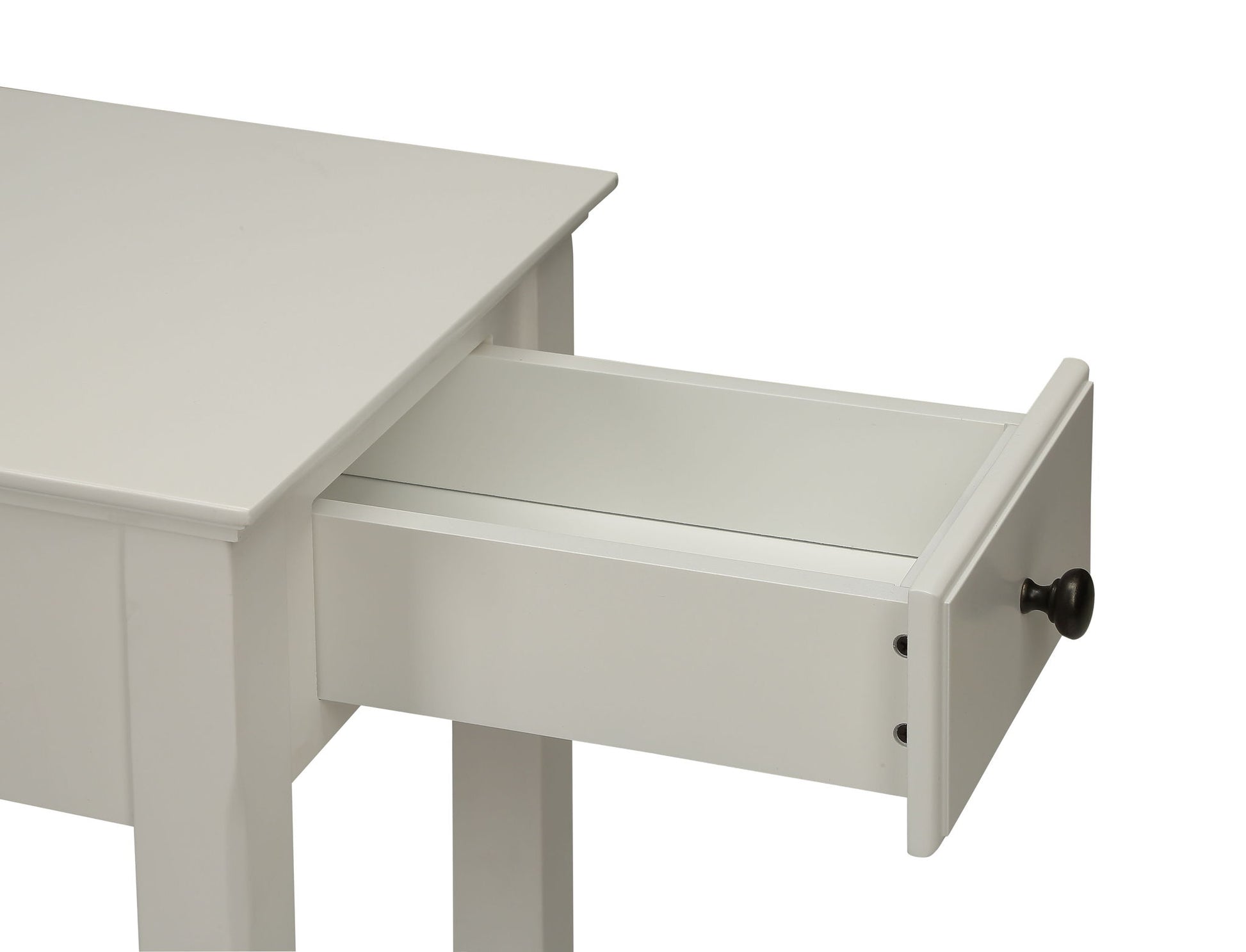 A close-up of the Bertie Accent Table in white shows its single drawer partially open, revealing the interior. The drawer features a round black knob against a plain white background.