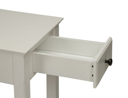 A close-up of the Bertie Accent Table in white shows its single drawer partially open, revealing the interior. The drawer features a round black knob against a plain white background.