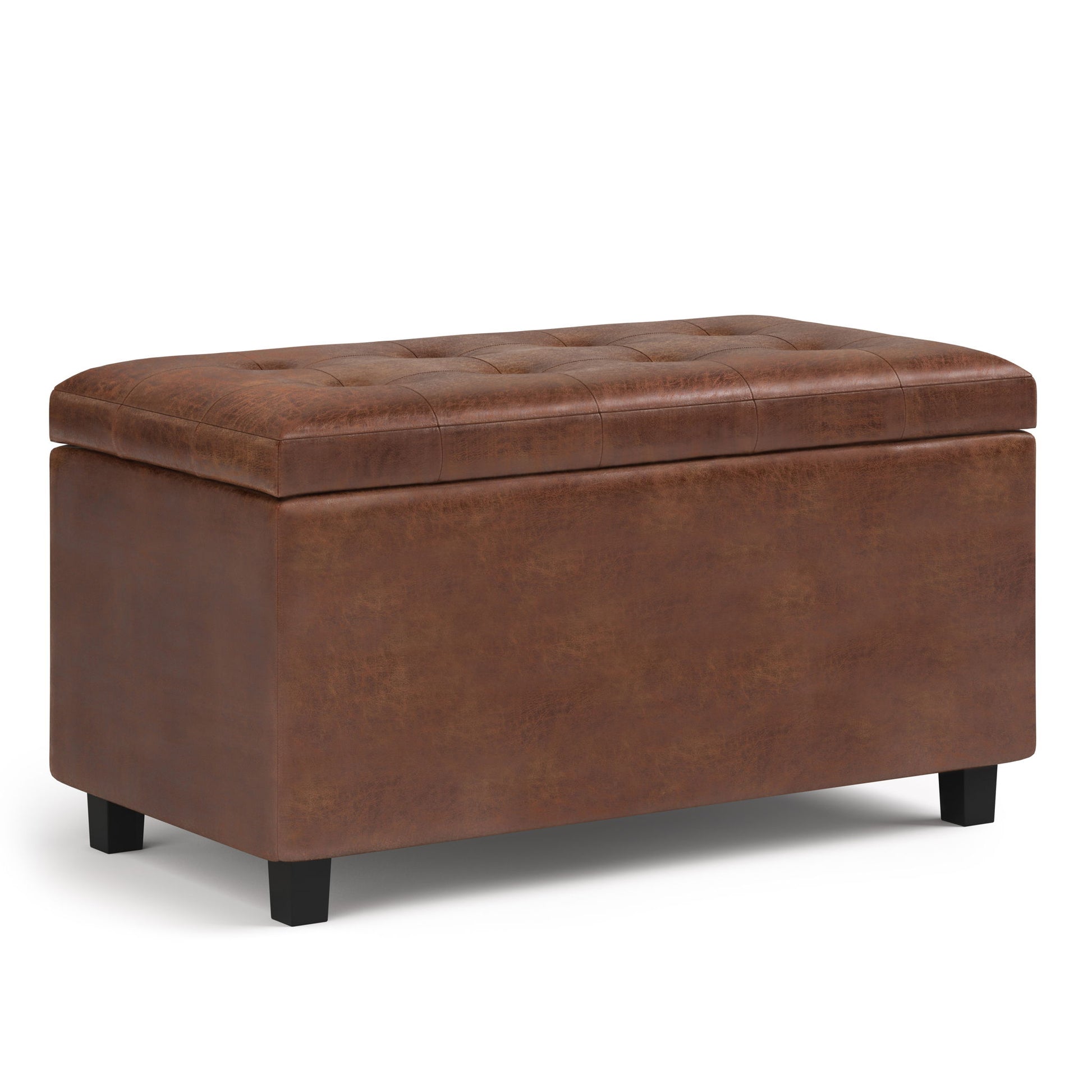 The Cosmopolitan Upholstered Storage Ottoman features a rectangular design in brown leather, a tufted cushioned top, short black legs, and a hinged lid that opens to reveal interior storage.