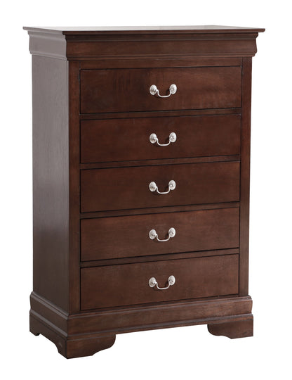 The Traditional Style Storage Chest Elegant is a dark brown wooden dresser with five drawers, each with two silver handles, featuring a classic design, flat top, and sturdy base.