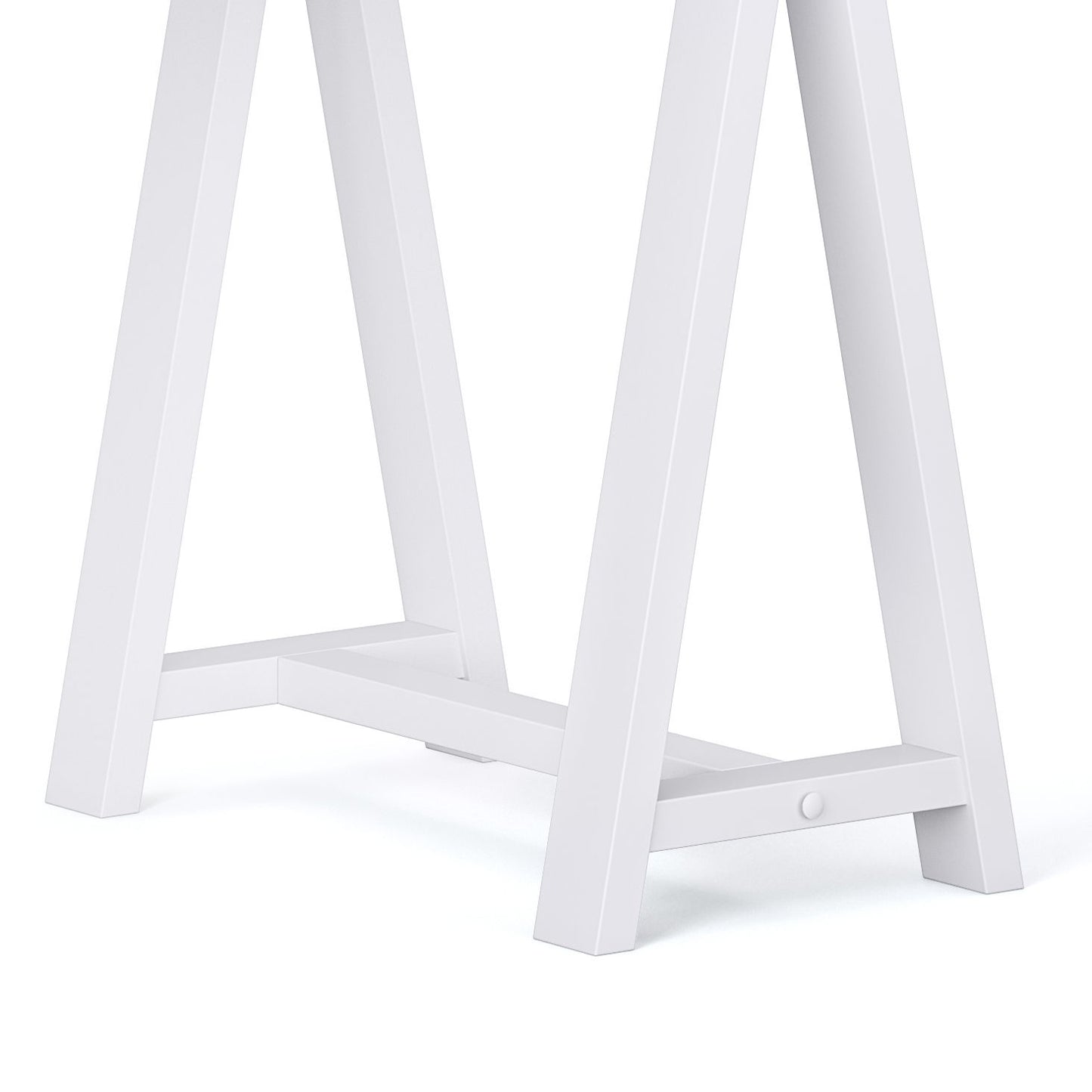 Close-up of the white metal legs and support bar of the Sawhorse - Handcrafted Desk, set against a white background.
