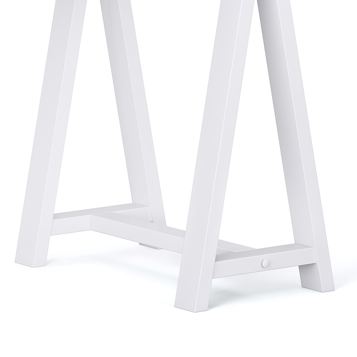 Close-up of the white metal legs and support bar of the Sawhorse - Handcrafted Desk, set against a white background.