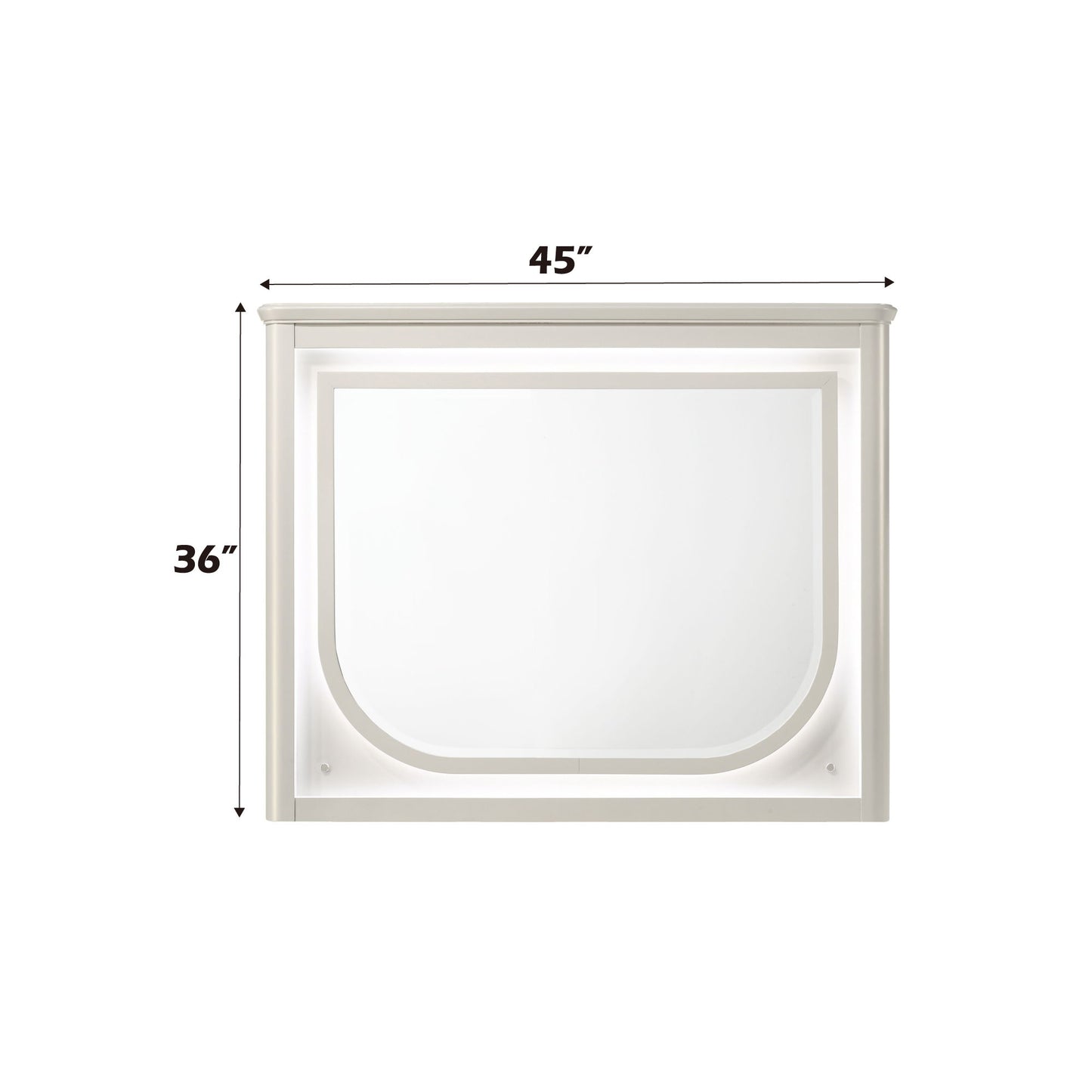 The Laveda - Mirror With LED - White is a rectangular wall mirror with a white frame, rounded lower edge, and built-in lighting. Size: 45"W x 36"H. Shown with black measurement arrows and labels.