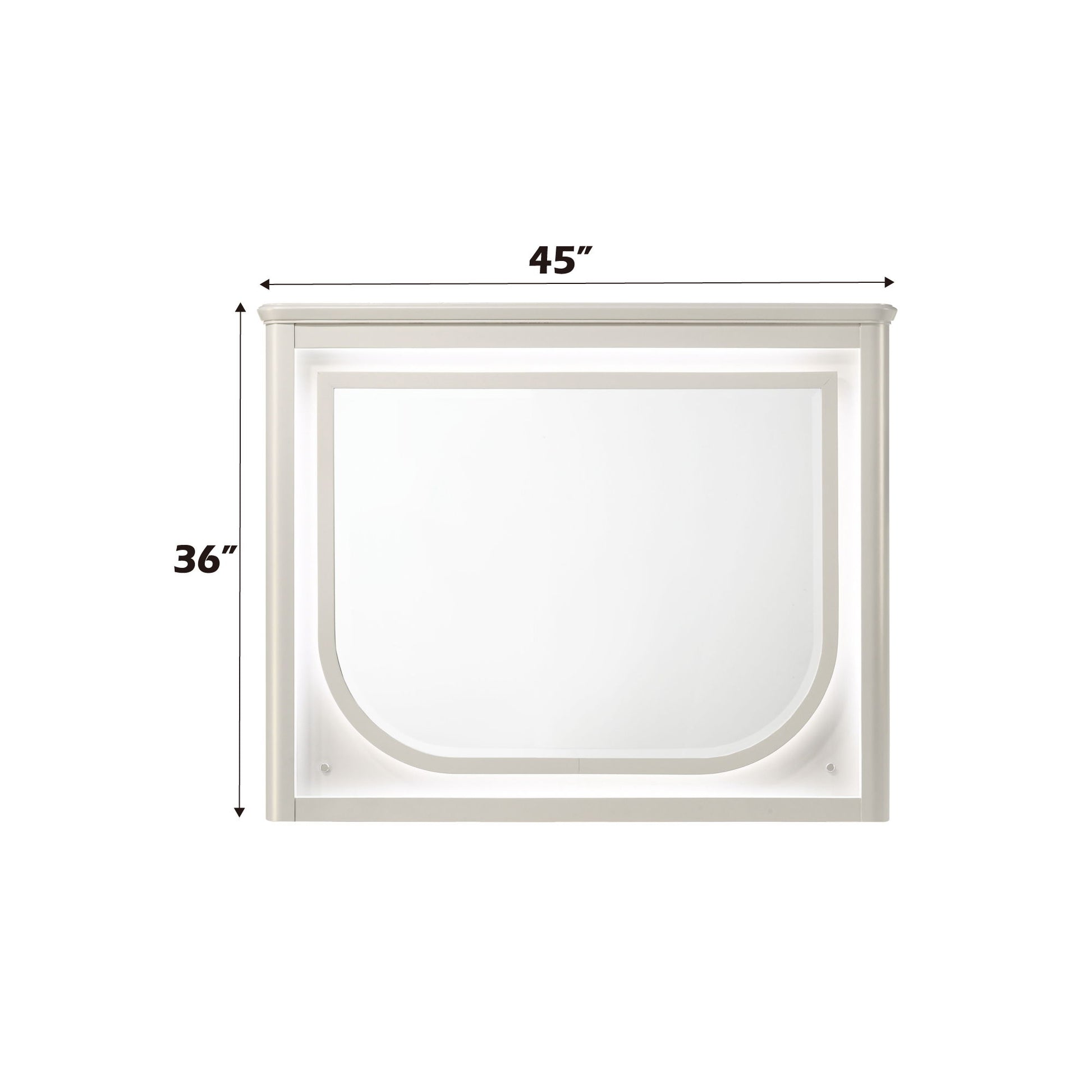 The Laveda - Mirror With LED - White is a rectangular wall mirror with a white frame, rounded lower edge, and built-in lighting. Size: 45"W x 36"H. Shown with black measurement arrows and labels.