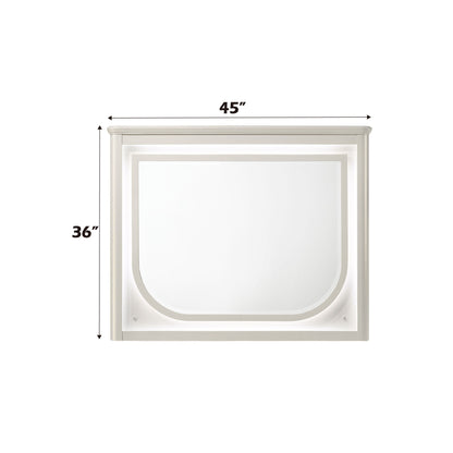 The Laveda - Mirror With LED - White is a rectangular wall mirror with a white frame, rounded lower edge, and built-in lighting. Size: 45"W x 36"H. Shown with black measurement arrows and labels.
