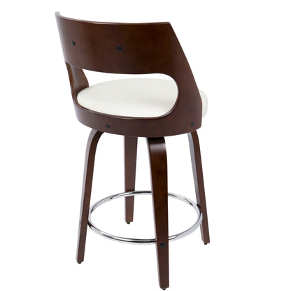 The Cecina Mid-Century Modern Fixed Height Counter Stool set features a curved dark wood backrest, white cushioned seat, swivel function, angled wooden legs, and a round chrome footrest.