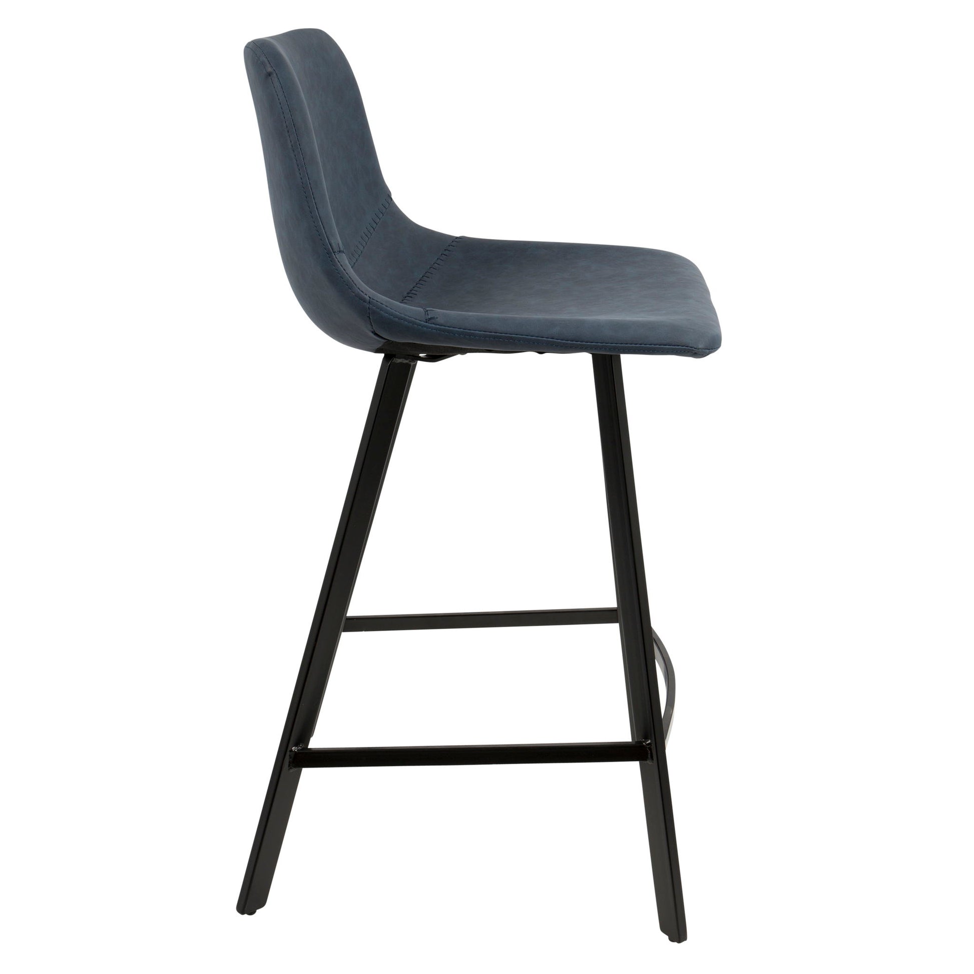 A side view of the Outlaw - Industrial Counter Stool (Set of 2) shows a modern barstool with a blue cushioned seat and backrest, black metal legs, and a footrest.