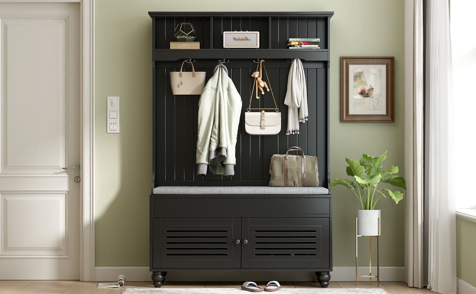 The 5 In 1 Entryway Bench features shutter-shaped doors, a cushioned storage bench, and 4 sturdy hooks for coats and bags. This wide hall tree is perfect for organizing your hallway or entryway while adding comfort and style.