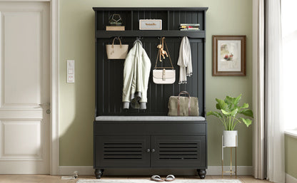 The 5 In 1 Entryway Bench features shutter-shaped doors, a cushioned storage bench, and 4 sturdy hooks for coats and bags. This wide hall tree is perfect for organizing your hallway or entryway while adding comfort and style.
