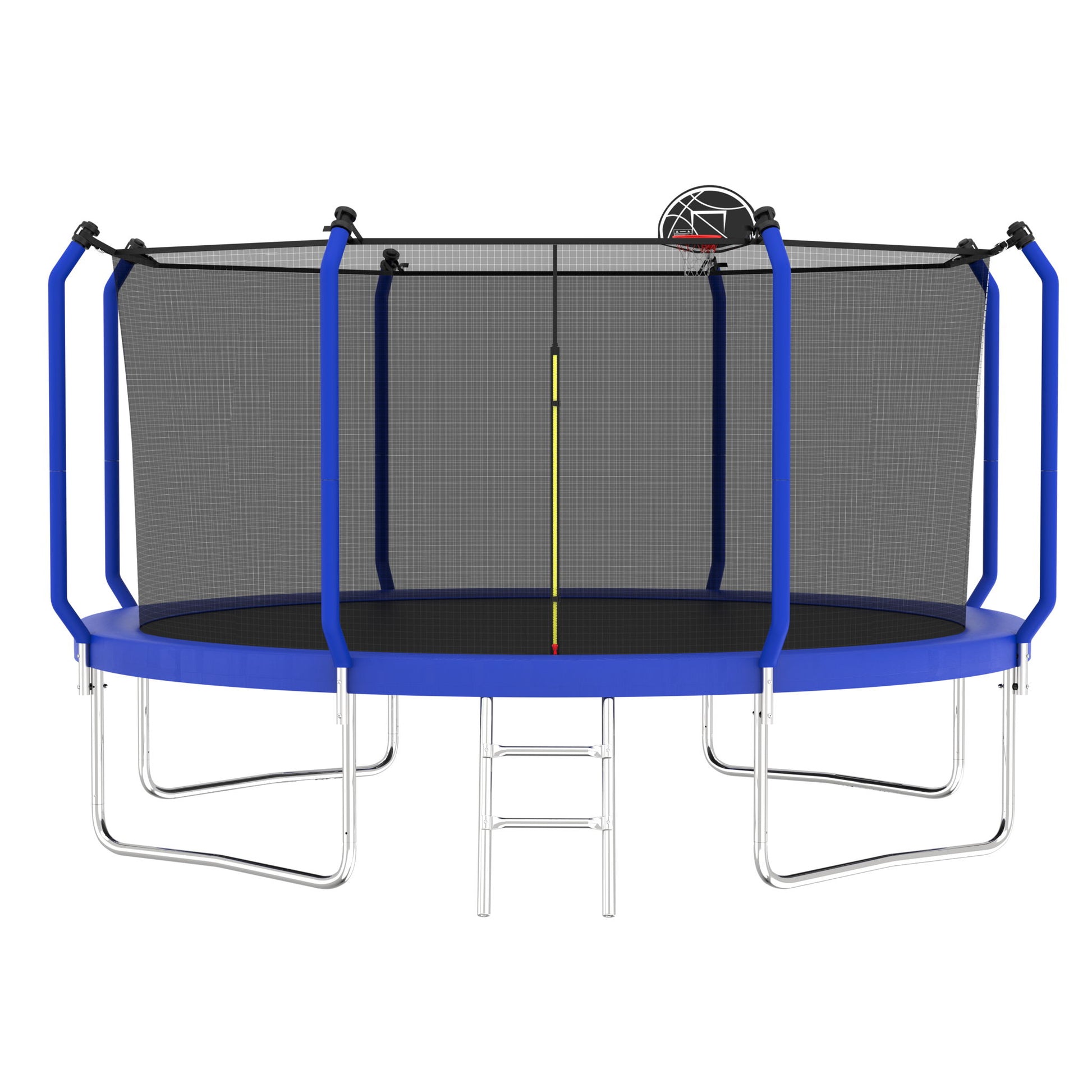 The Trampoline With Basketball Hoop is an ASTM approved outdoor trampoline featuring blue padding, a safety enclosure net with an attached basketball hoop, a yellow measuring stick, sturdy metal legs, and a ladder for easy access.