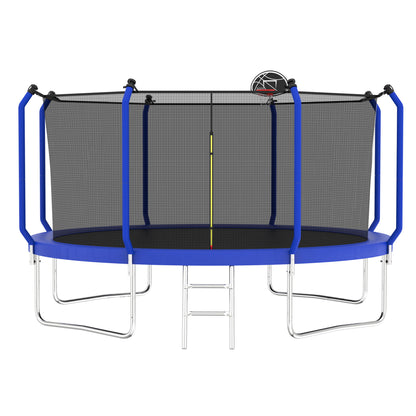 The Trampoline With Basketball Hoop is an ASTM approved outdoor trampoline featuring blue padding, a safety enclosure net with an attached basketball hoop, a yellow measuring stick, sturdy metal legs, and a ladder for easy access.