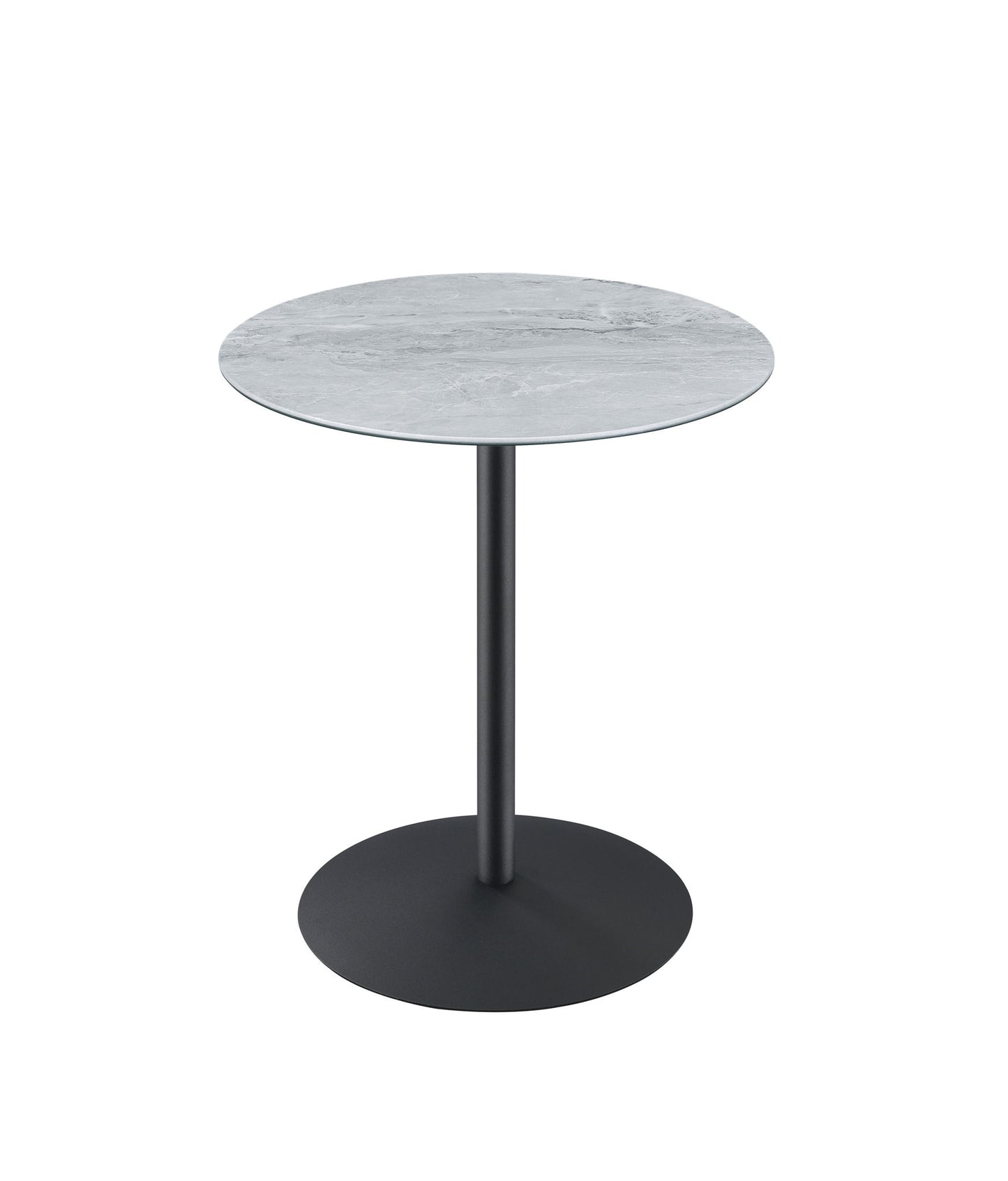The Circa 17.5" End Table features a marble-textured light gray round top, a single black metal central support, and a flat circular black metal base for a modern minimalist look against a white background.