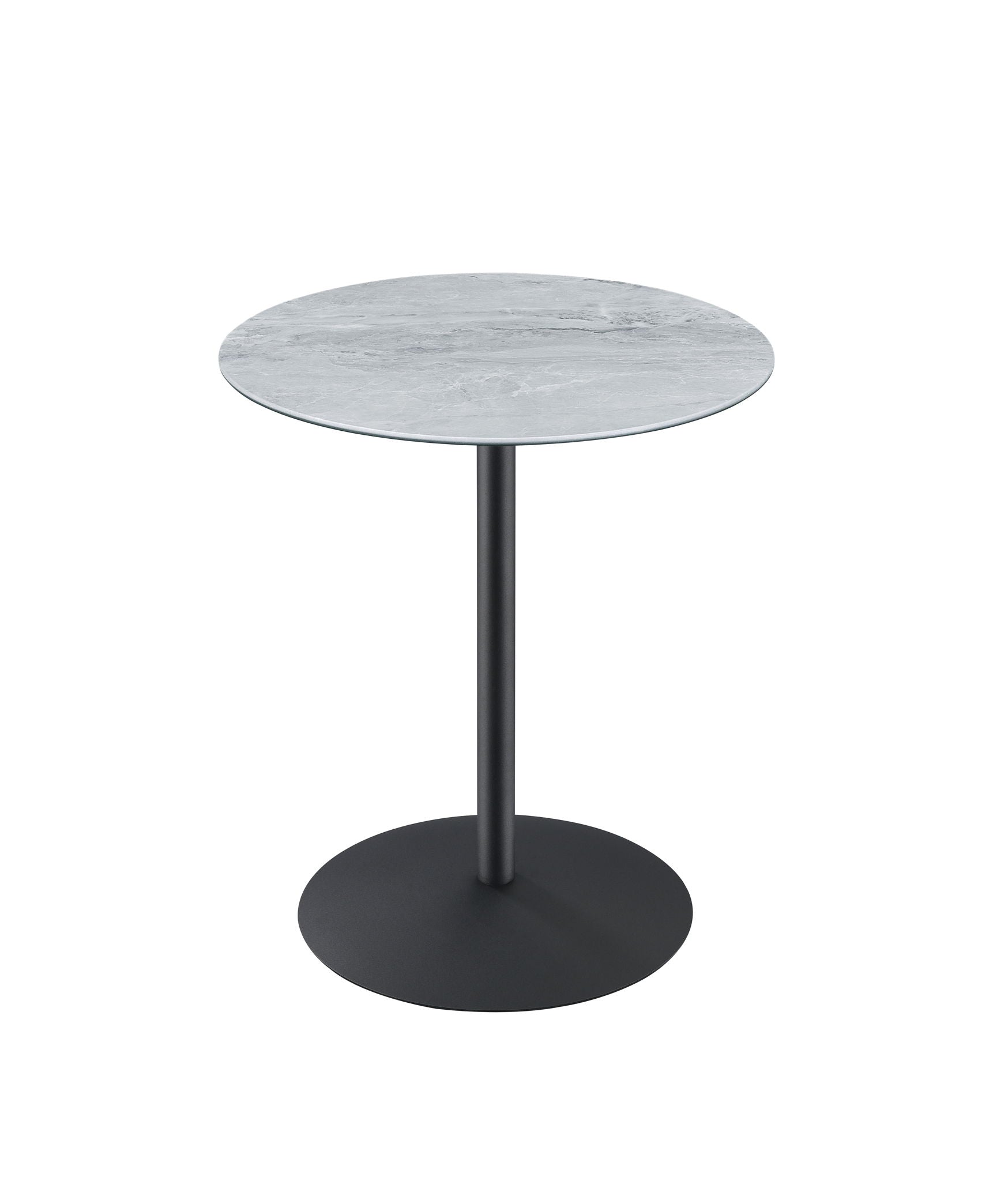The Circa 17.5" End Table features a marble-textured light gray round top, a single black metal central support, and a flat circular black metal base for a modern minimalist look against a white background.