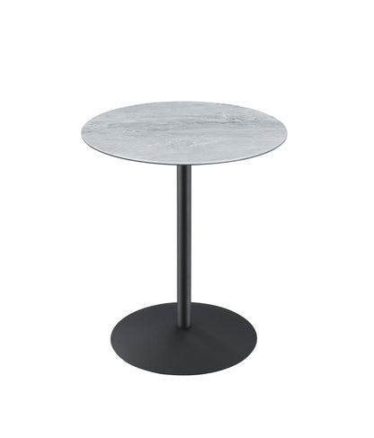 The Circa 17.5" End Table features a marble-textured light gray round top, a single black metal central support, and a flat circular black metal base for a modern minimalist look against a white background.