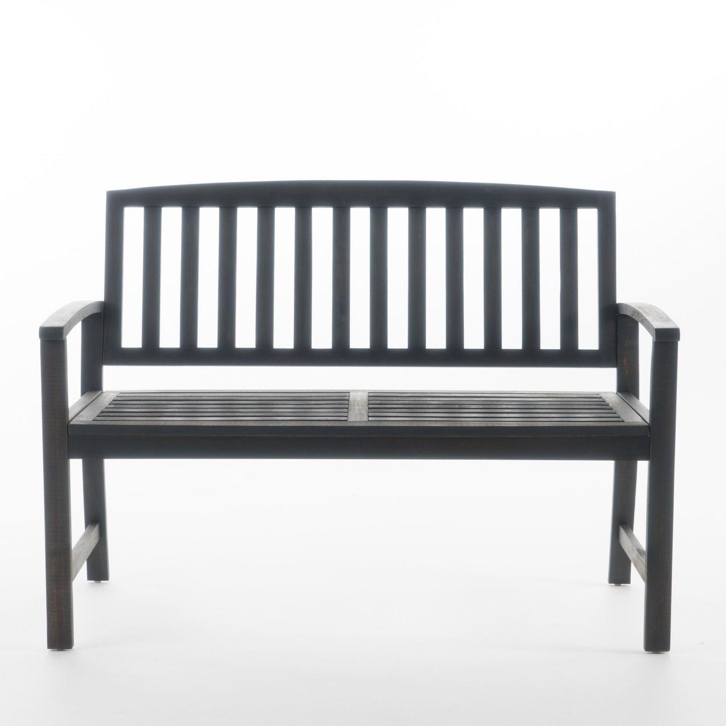 The Farmhouse Style Loja Bench, made of dark wood with vertical slats on the backrest and seat plus armrests on both sides, is shown against a plain white background.