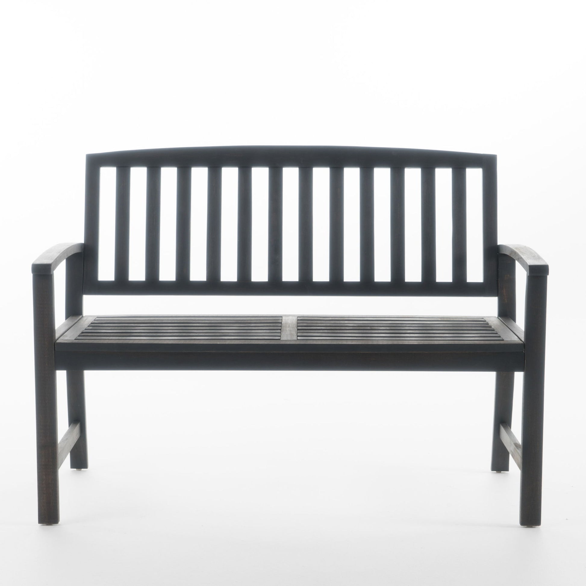The Farmhouse Style Loja Bench, made of dark wood with vertical slats on the backrest and seat plus armrests on both sides, is shown against a plain white background.