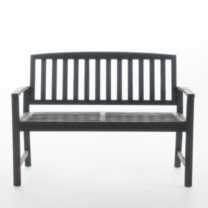 The Farmhouse Style Loja Bench, made of dark wood with vertical slats on the backrest and seat plus armrests on both sides, is shown against a plain white background.