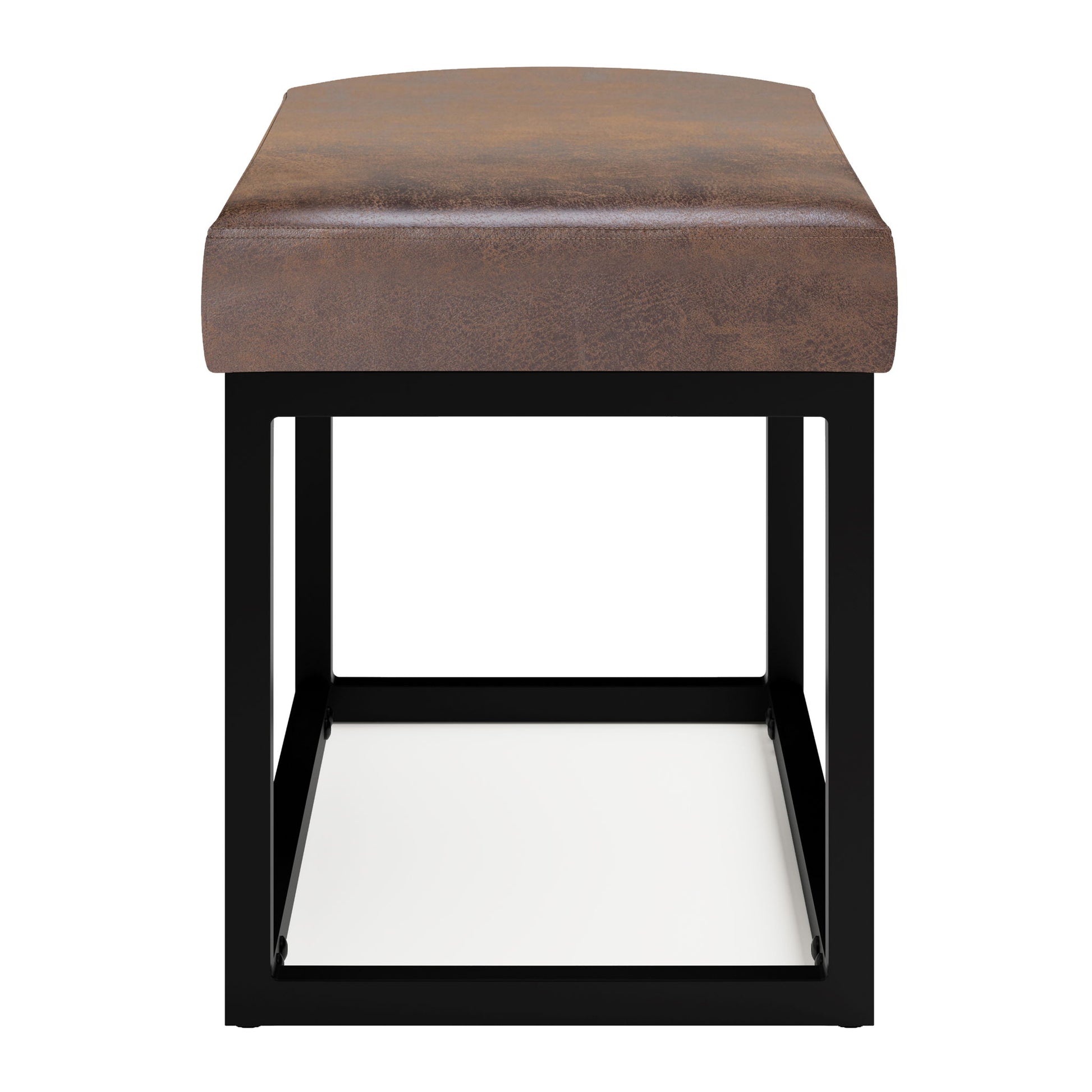 The Reynolds Small Bench features a distressed chestnut brown leather cushion and a rectangular metal frame with an open design, shown from the front against a white background.