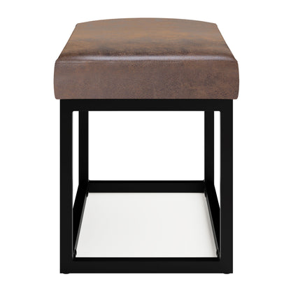 The Reynolds Small Bench features a distressed chestnut brown leather cushion and a rectangular metal frame with an open design, shown from the front against a white background.