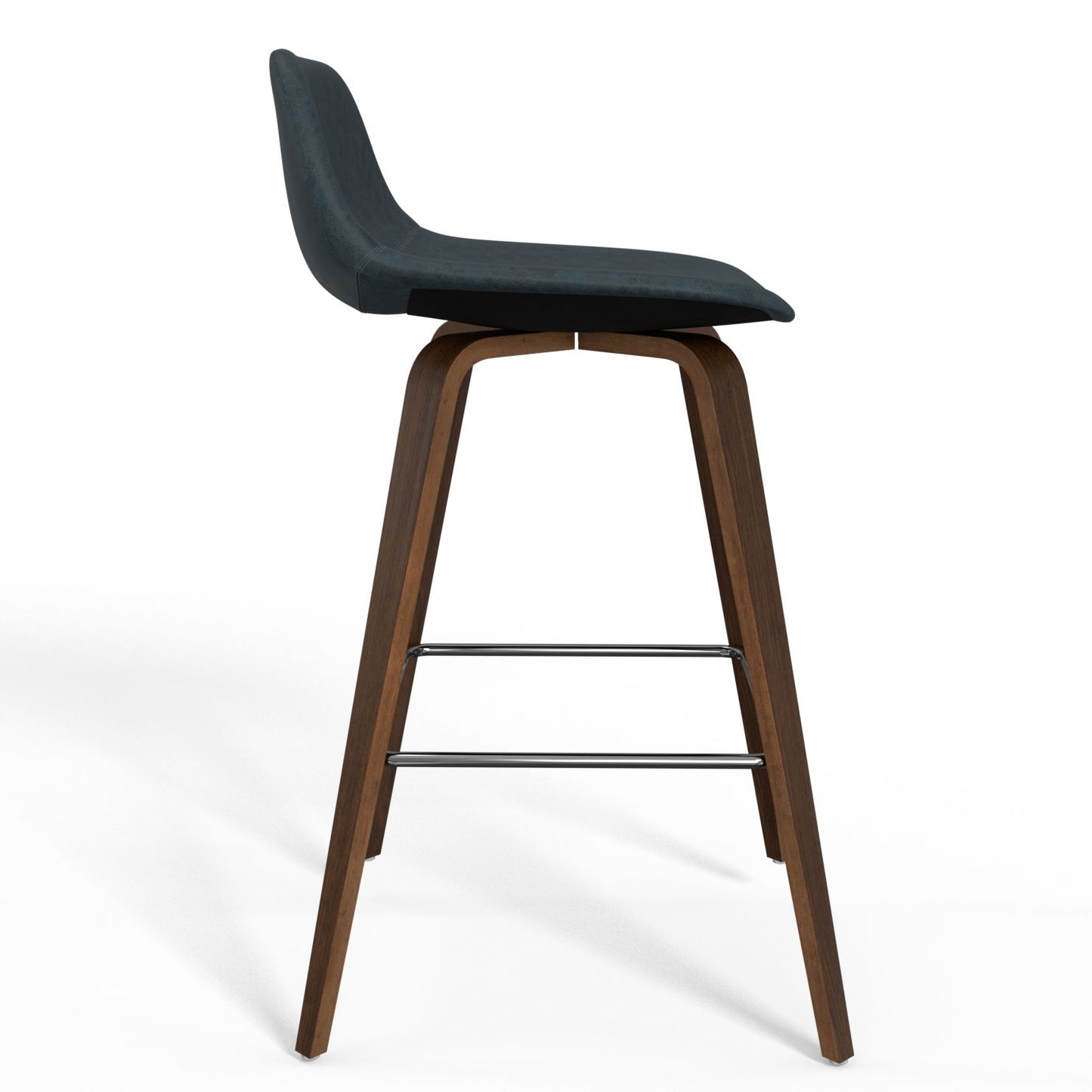 The Randolph Bentwood Counter/Bar Height Stool (Set of 2) features a black cushioned seat, curved backrest, and angled wooden legs with metal footrests, displayed in side profile against a white background.