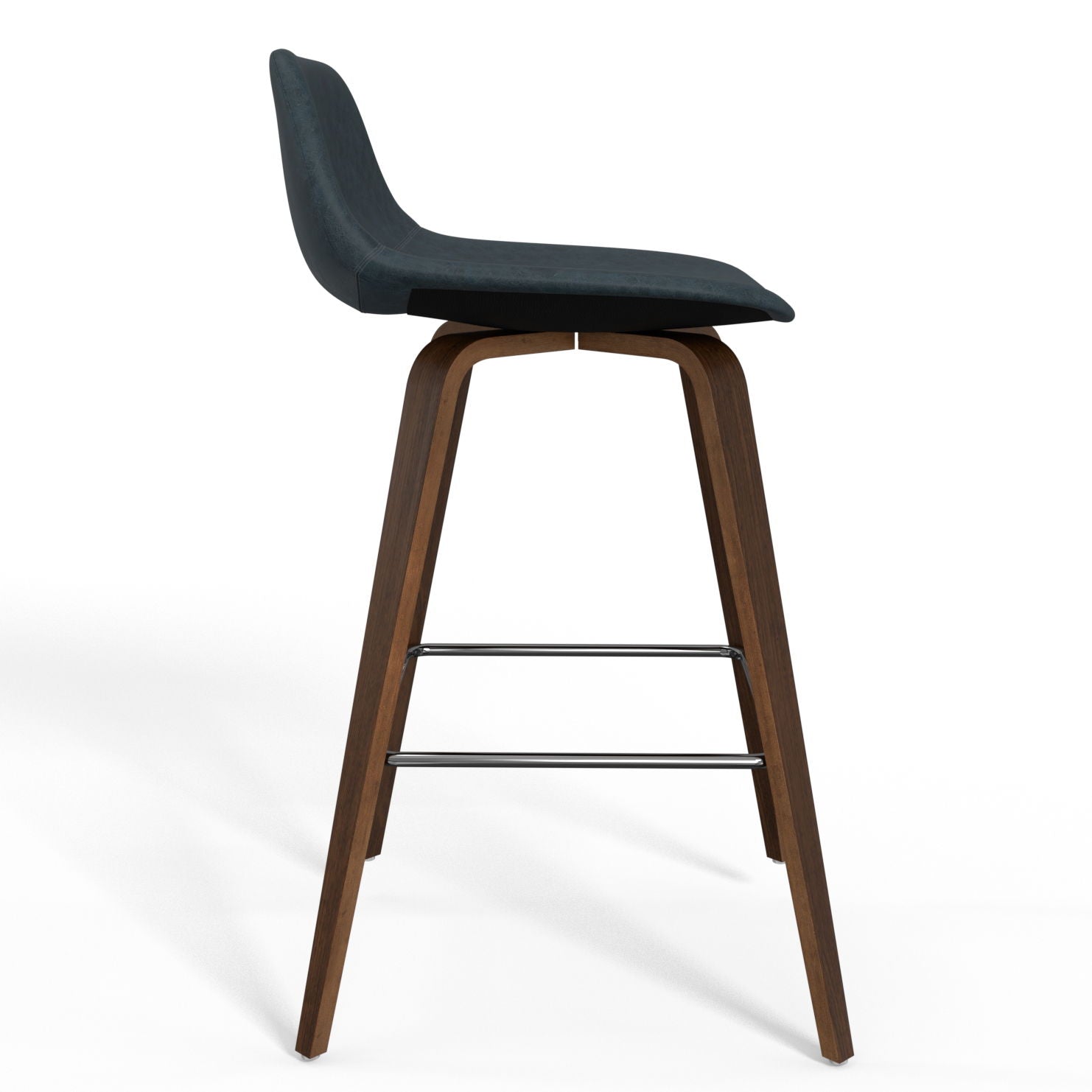 The Randolph Bentwood Counter/Bar Height Stool (Set of 2) features a black cushioned seat, curved backrest, and angled wooden legs with metal footrests, displayed in side profile against a white background.