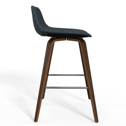 The Randolph Bentwood Counter/Bar Height Stool (Set of 2) features a black cushioned seat, curved backrest, and angled wooden legs with metal footrests, displayed in side profile against a white background.