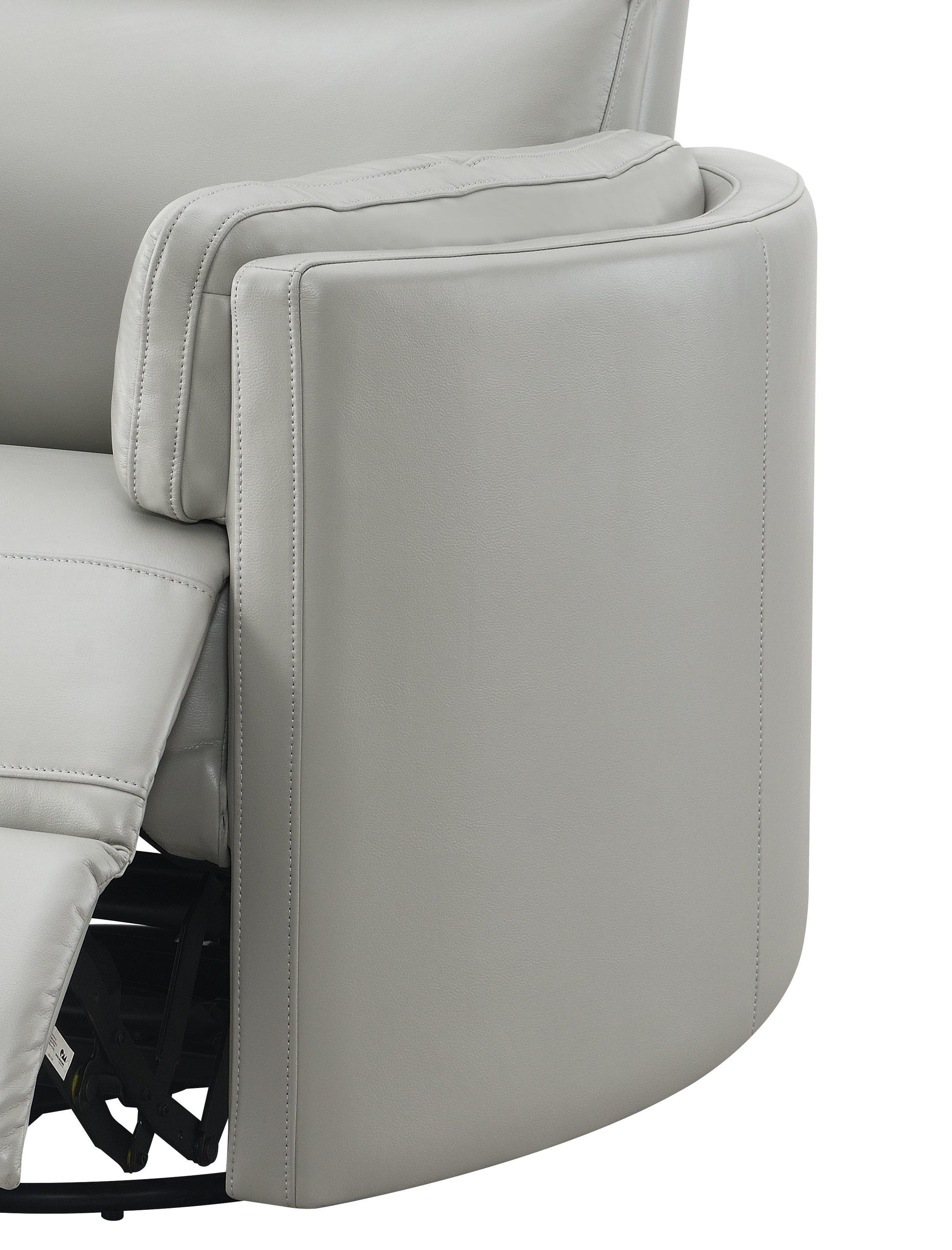 Close-up of the armrest of the Sagen - Chenille Glider Recliner With Swivel in light gray, showcasing a visible recline mechanism, smooth stitching, and cushioned padding for comfort and modern design.