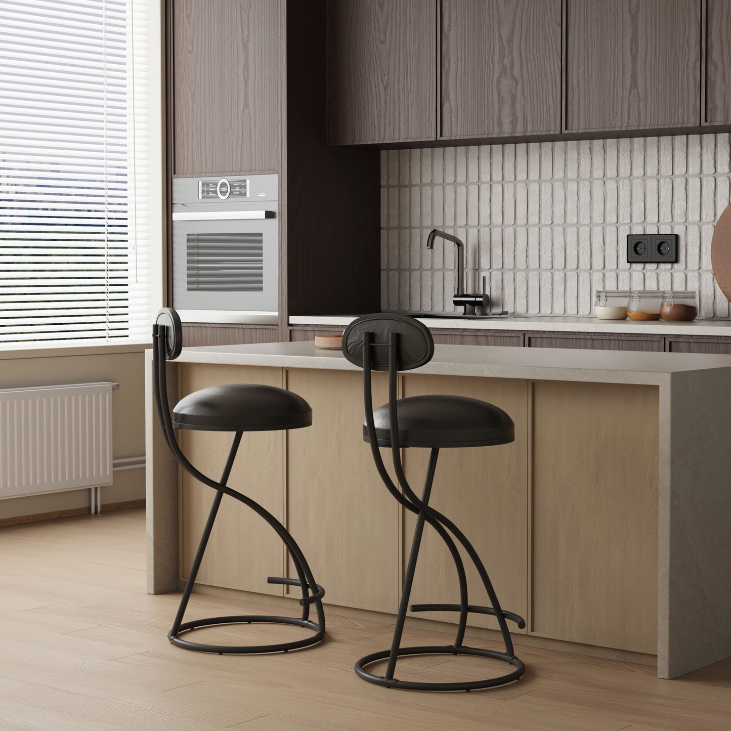 Modern kitchen with light wood flooring, a beige island, built-in oven, minimalist cabinetry, window with blinds for natural light, and a set of Bar Stools Upholstered Counter Height Barstools PU Leather Dining Chairs With Footrest.