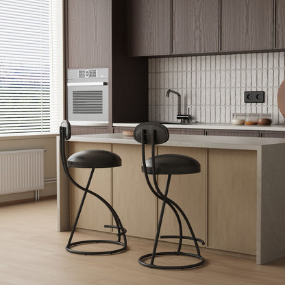 Modern kitchen with light wood flooring, a beige island, built-in oven, minimalist cabinetry, window with blinds for natural light, and a set of Bar Stools Upholstered Counter Height Barstools PU Leather Dining Chairs With Footrest.