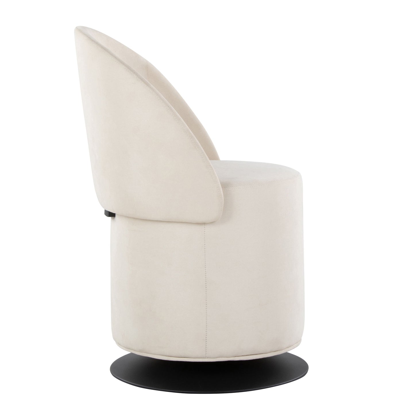 The Finch - Contemporary Chair is a modern, cream swivel chair featuring a rounded seat, high angled backrest, and black circular base, displayed in profile on a white background.