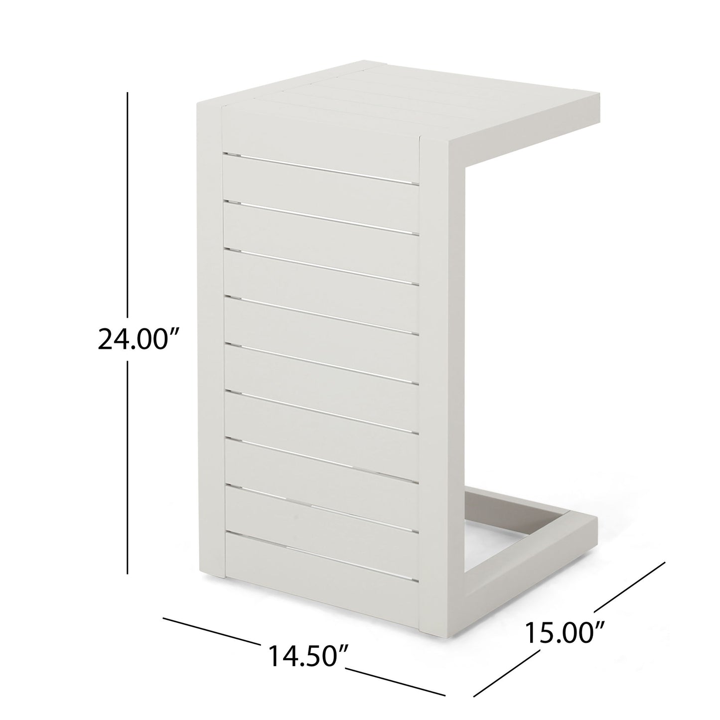 The Aluminum Outdoor C-Shaped Side Table for Patio features a modern white design with slatted panels and measures 24" H x 14.5" W x 15" D, with dimensions shown beside the table.