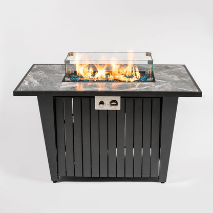 Morden Steel Fire Pit Table With Marble Tile Tabletop, Glass Wind Guard And Lid