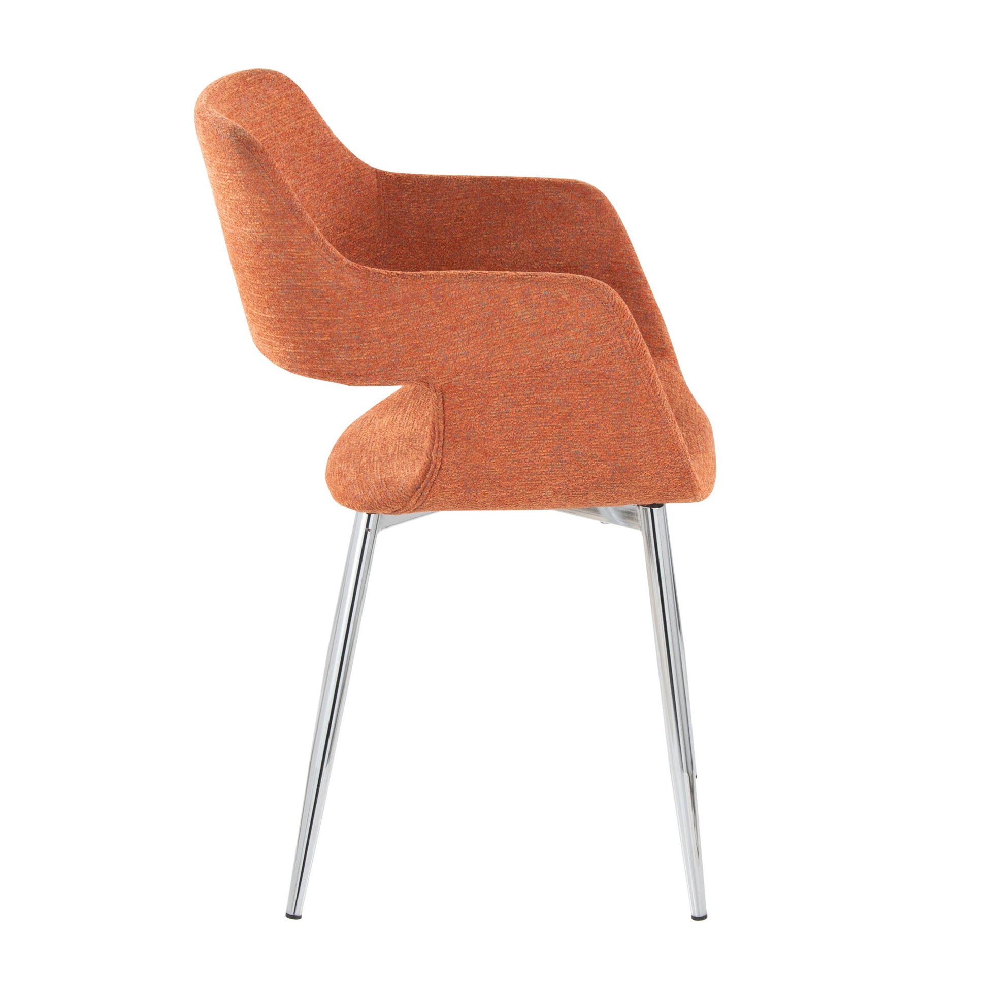 Side view of the Margarite - Contemporary Dining Chair (Set of 2), featuring an orange upholstered seat, curved backrest with armrests, and four shiny metal legs in a modern design.