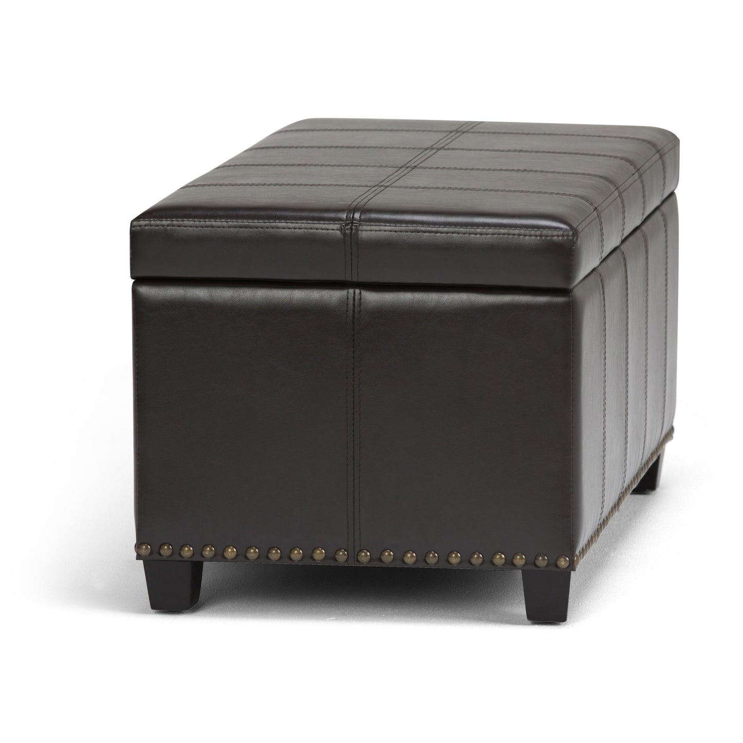 The Amelia Transitional Storage Ottoman Bench features a rectangular dark brown leather design with decorative stitching, metal stud accents along the bottom edge, and short wooden legs.