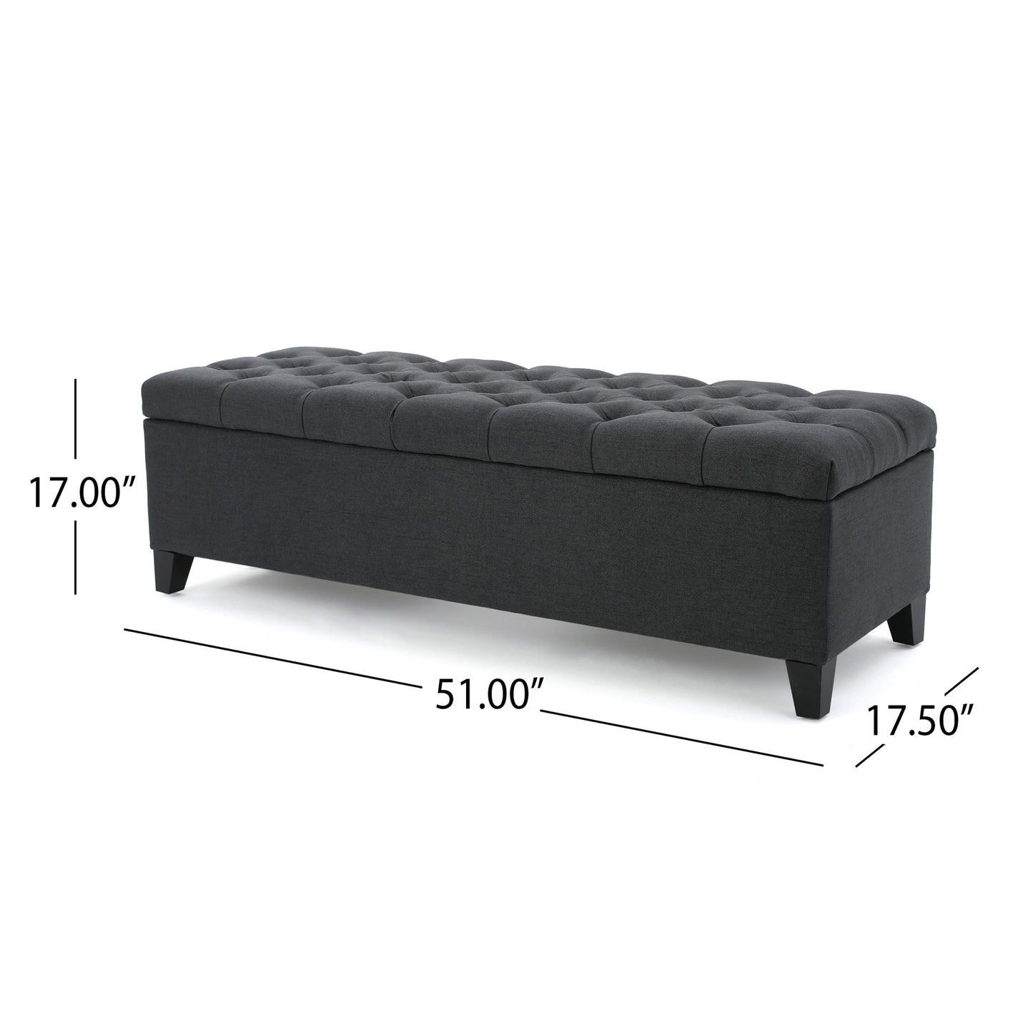 The Glouster – Contemporary Storage Ottoman features a dark gray button-tufted design, short black legs, and measures 51"W x 17.5"D x 17"H.