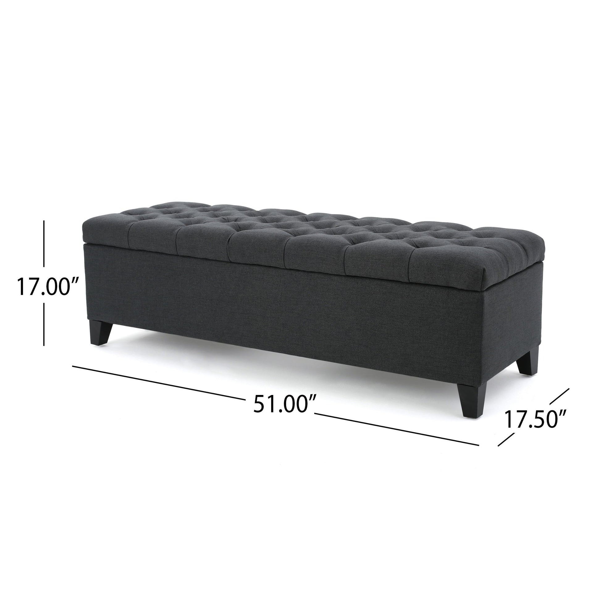 The Glouster – Contemporary Storage Ottoman features a dark gray button-tufted design, short black legs, and measures 51"W x 17.5"D x 17"H.