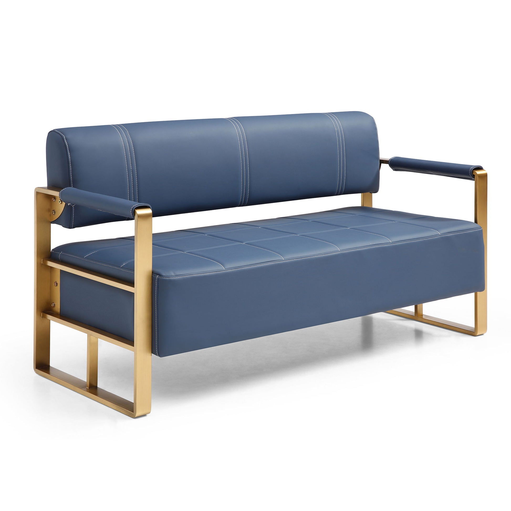 The Modern Upholstery Accent Loveseat Sofa for Living Room features blue cushioned seats and backrest, golden metal arms, and a sleek frame, designed for two people and shown against a white background.