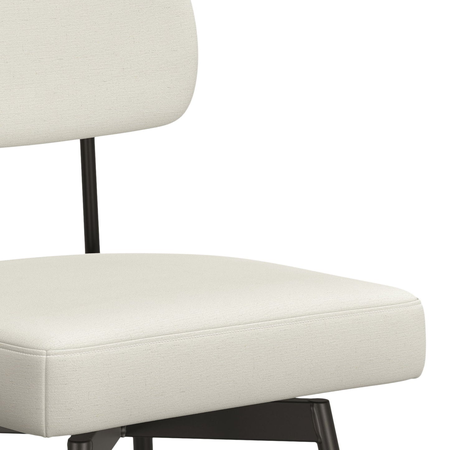 Close-up of a Giselle Swivel Counter Height Stool (Set of 2) featuring a black metal frame, cushioned seat and backrest upholstered in off-white fabric, and a sleek minimalist design.