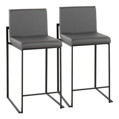 Two Fuji Contemporary Modern Elegance high back counter stools with gray cushioned seats, backs, black metal frames, and footrests are placed side by side on a white background.