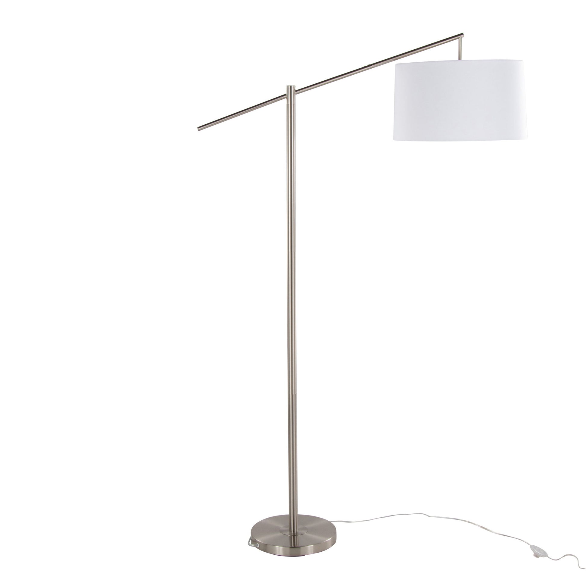 The Casper - Contemporary Floor Lamp features a slim metal stand, circular base, angled arm with a white drum shade, and a white power cord extending from the base.