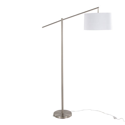 The Casper - Contemporary Floor Lamp features a slim metal stand, circular base, angled arm with a white drum shade, and a white power cord extending from the base.