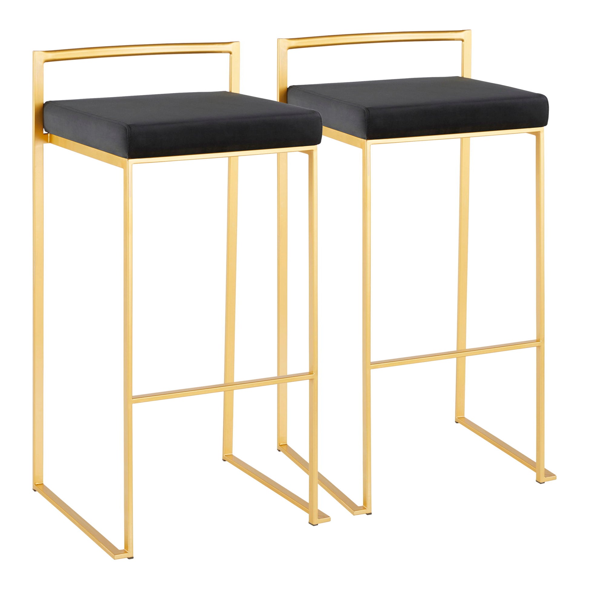 The Fuji Barstool features a contemporary glam design with gold metal frames, black cushioned seats, straight lines, and a low rectangular backrest for a modern minimalist look.