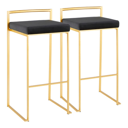 The Fuji Barstool features a contemporary glam design with gold metal frames, black cushioned seats, straight lines, and a low rectangular backrest for a modern minimalist look.