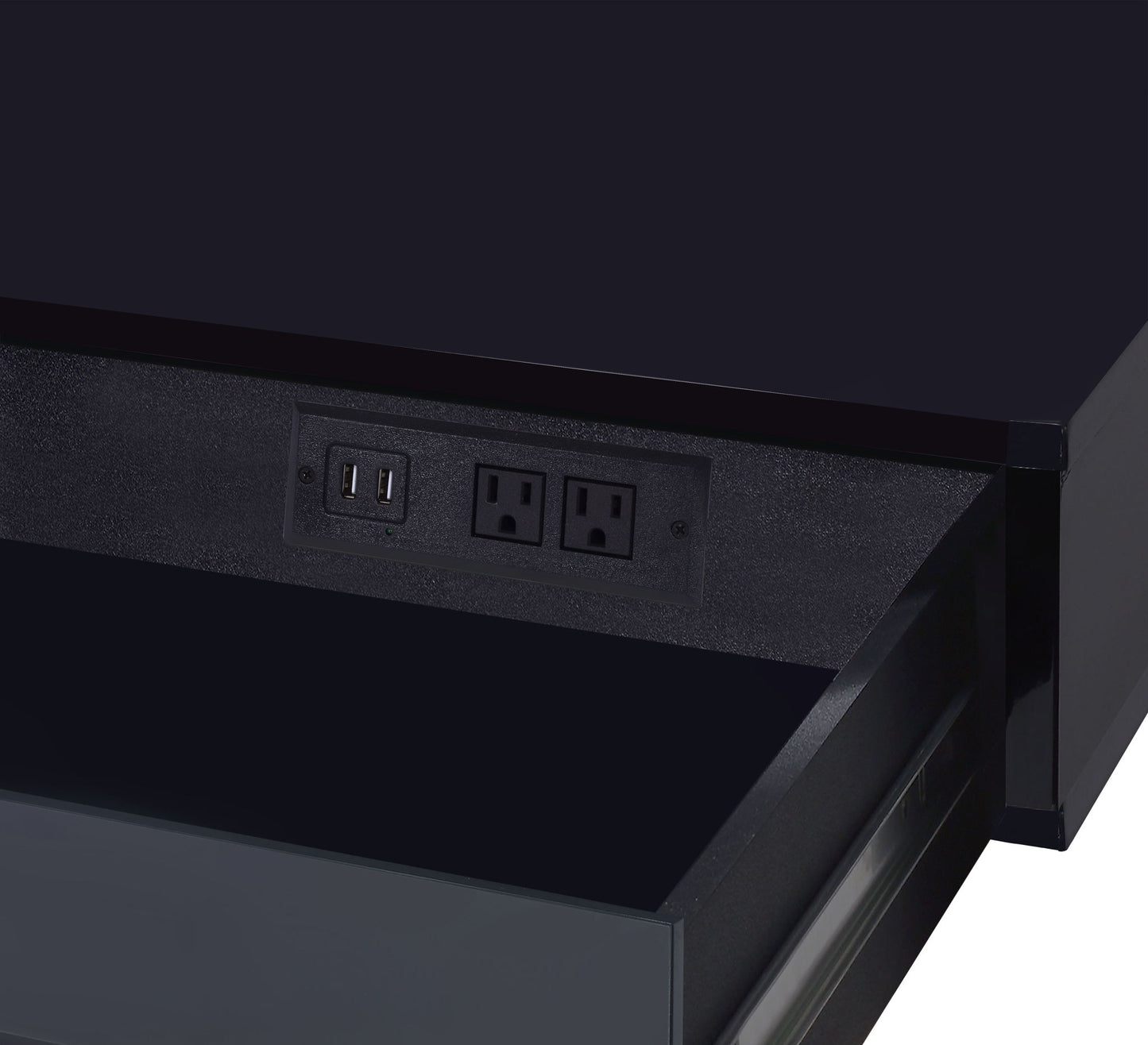 A close-up of the Coleen High Gloss Writing Desk with USB shows two electrical outlets and two USB ports built into the back panel.